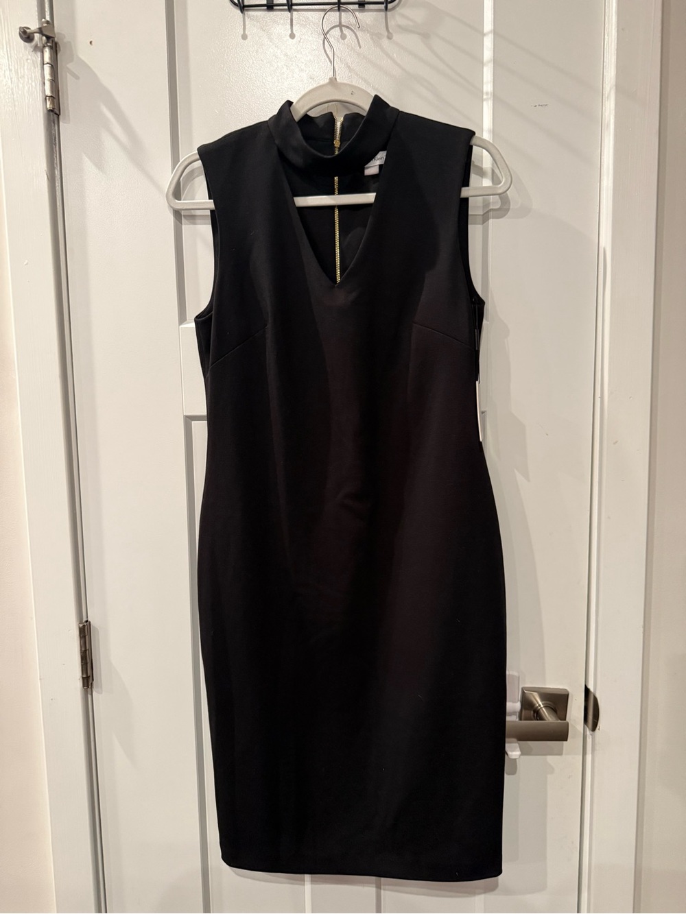 Calvin Klein Black Sleeveless Midi Dress with Mock Collar Keyhole